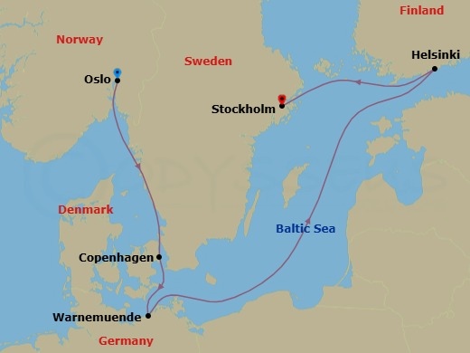 5 Night - Northern Europe - MSC Splendida - Starting in Oslo, Norway, Copenhagen, Denmark, Warnemunde (Berlin), Germany, Helsinki, Finland, Stockholm, Sweden itinerary map