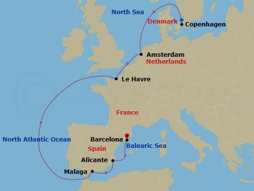 9 Night - Northern Europe - MSC Euribia - Starting in Copenhagen, Denmark, Amsterdam, Netherlands, Le Havre (Paris), France, Malaga (Granada), Spain, Alicante, Spain, Barcelona, Spain itinerary map