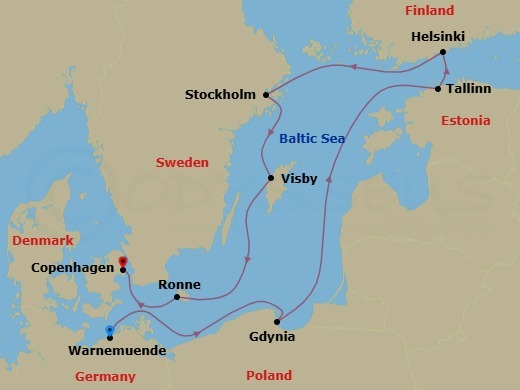 10 Night - Northern Europe - MSC Splendida - Starting in Warnemunde (Berlin), Germany, Gdynia (Gdansk), Poland, Tallinn, Estonia, Helsinki, Finland, Stockholm, Sweden, Visby, Sweden, Ronne, Denmark, Copenhagen, Denmark itinerary map