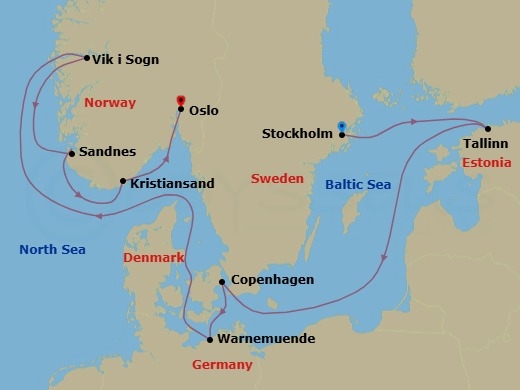 9 Night - Northern Europe - MSC Splendida - Starting in Stockholm, Sweden, Tallinn, Estonia, Copenhagen, Denmark, Warnemunde (Berlin), Germany, Vik I Sogn, Norway, Sandnes, Norway, Kristiansand, Norway, Oslo, Norway itinerary map