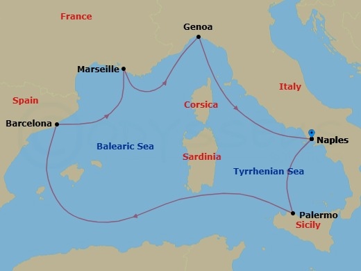 6 Night - Mediterranean - MSC Seashore - Starting in Naples (Pompeii), Italy, Palermo (Monreale), Italy, Barcelona, Spain, Marseille (Provence), France, Genoa (Portofino), Italy, Naples (Pompeii), Italy itinerary map