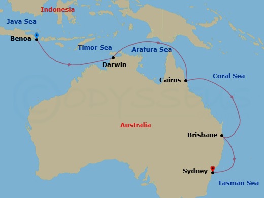 12 Night - Cruise from Benoa to Sydney - Costa Serena - Starting in Benoa (Bali), Darwin, Cairns, Brisbane, Sydney AU itinerary map
