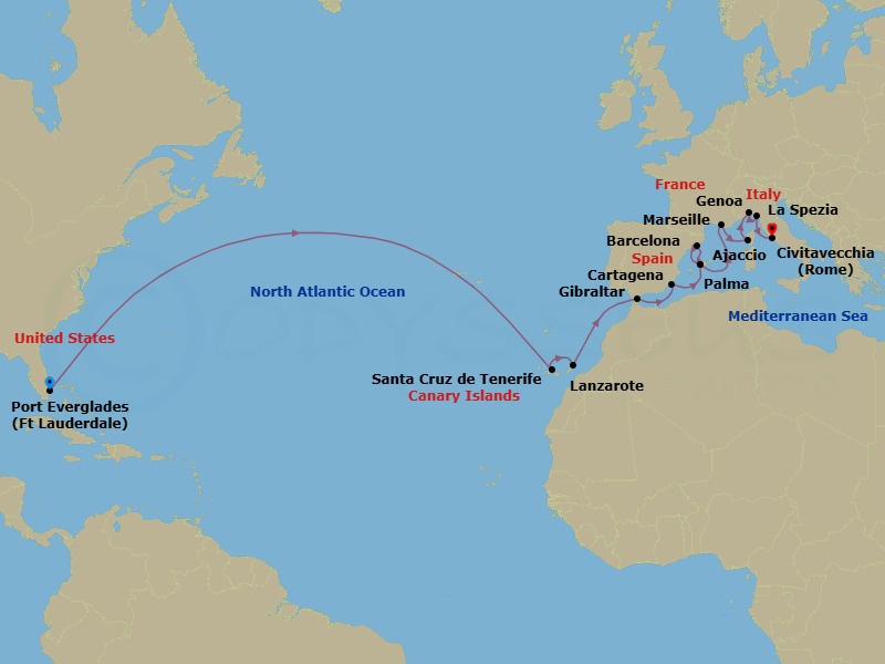 22 Night - Western Europe Grand Adventure - Sun Princess - Starting in Fort Lauderdale, Florida, Santa Cruz de Tenerife, Lanzarote (Arrecife), Canary Islands, Gibraltar, Cartagena ES, Mallorca (Palma), Spain, Barcelona, Spain, Mallorca (Palma), Spain, Marseille (Provence), France, Corsica (Ajaccio), France, Genoa (for Cinque Terre), Italy, La Spezia (for Florence / Pisa), Italy, Civitavecchia (for Rome), Italy itinerary map