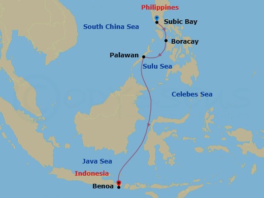 6 Night - Round World from Subic Bay - Costa Serena - Starting in Subic Bay, Boracay, Puerto Princesa (Palawan), Benoa (Bali) itinerary map