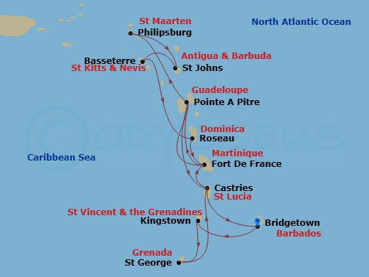 14 Night - South Caribbean - MSC World Europa - Starting in Bridgetown, Barbados, Kingstown, St Vincent and the Grenadines, Saint George, Grenada, Castries, Saint Lucia, Fort-de-France, Martinique, Pointe-A-Pitre, Guadeloupe, Philipsburg, St Maarten, St Johns AG, Antigua, Basseterre, St Kitts and Nevis, Roseau, Fort-de-France, Martinique, Pointe-A-Pitre, Guadeloupe, Castries, Saint Lucia, Bridgetown, Barbados itinerary map