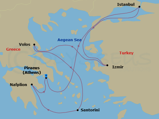 7 Night - Eastern Mediterranean from Athens (Pireo) - Costa Pacifica - Starting in Athens (Piraeus), Istanbul, Izmir, Volos (Meteora), Thira (Santorini), Nafplion, Athens (Piraeus) itinerary map