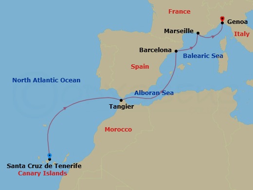 6 Night - Western Mediterranean from S. Cruz De Tenerife - Costa Smeralda - Starting in Santa Cruz de Tenerife, Tangier, Barcelona, Marseille, Genoa (Portofino) itinerary map
