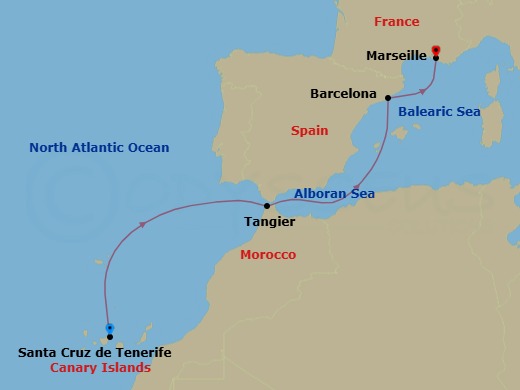 5 Night - Western Mediterranean from S. Cruz De Tenerife - Costa Smeralda - Starting in Santa Cruz de Tenerife, Tangier, Barcelona, Marseille itinerary map