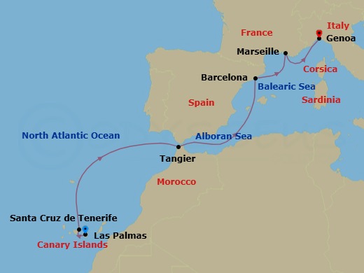 7 Night - Western Mediterranean from Las Palmas - Costa Smeralda - Starting in Las Palmas (Gran Canaria), Santa Cruz de Tenerife, Tangier, Barcelona, Marseille, Genoa (Portofino) itinerary map