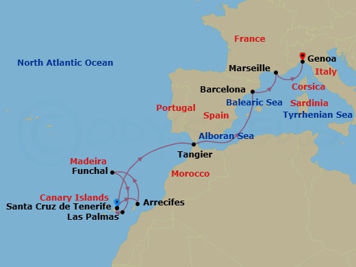 11 Night - Western Mediterranean from S. Cruz De Tenerife - Costa Smeralda - Starting in Santa Cruz de Tenerife, Arrecife (Lanzarote), Funchal (Madeira), Las Palmas (Gran Canaria), Santa Cruz de Tenerife, Tangier, Barcelona, Marseille, Genoa (Portofino) itinerary map