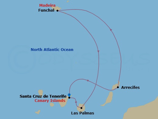 5 Night - Western Mediterranean from S. Cruz De Tenerife - Costa Smeralda - Starting in Santa Cruz de Tenerife, Arrecife (Lanzarote), Funchal (Madeira), Las Palmas (Gran Canaria), Santa Cruz de Tenerife itinerary map
