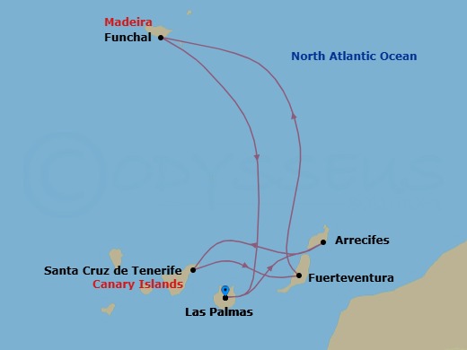 7 Night - Western Mediterranean from Las Palmas - Costa Smeralda - Starting in Las Palmas (Gran Canaria), Arrecife (Lanzarote), Santa Cruz de Tenerife, Port Rosario (Fuerteventura), Funchal (Madeira), Las Palmas (Gran Canaria) itinerary map