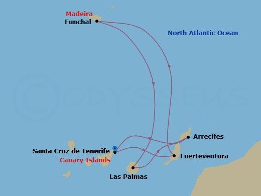 7 Night - Western Mediterranean from S. Cruz De Tenerife - Costa Smeralda - Starting in Santa Cruz de Tenerife, Port Rosario (Fuerteventura), Funchal (Madeira), Las Palmas (Gran Canaria), Arrecife (Lanzarote), Santa Cruz de Tenerife itinerary map