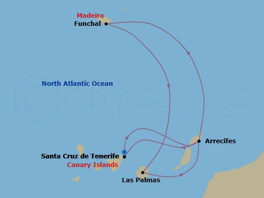 7 Night - Western Mediterranean from S. Cruz De Tenerife - Costa Smeralda - Starting in Santa Cruz de Tenerife, Arrecife (Lanzarote), Funchal (Madeira), Las Palmas (Gran Canaria), Arrecife (Lanzarote), Santa Cruz de Tenerife itinerary map