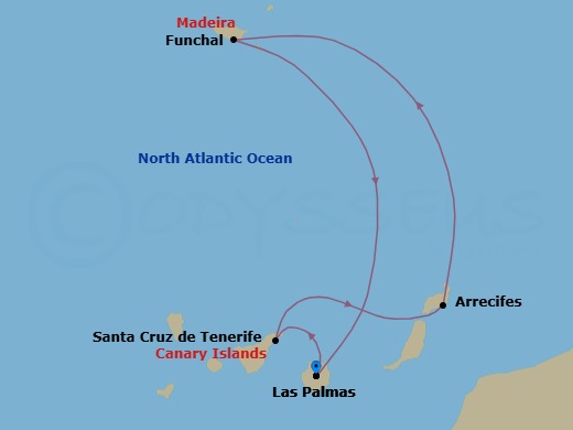 7 Night - Western Mediterranean from Las Palmas - Costa Smeralda - Starting in Las Palmas (Gran Canaria), Santa Cruz de Tenerife, Arrecife (Lanzarote), Funchal (Madeira), Las Palmas (Gran Canaria) itinerary map