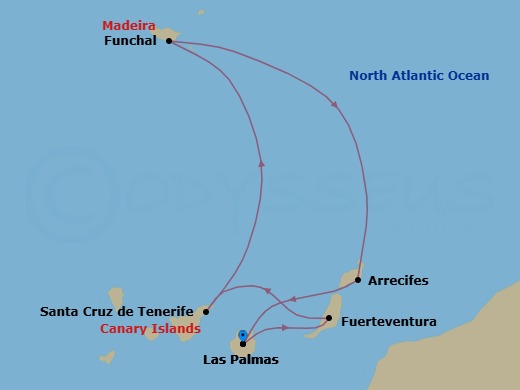7 Night - Western Mediterranean from Las Palmas - Costa Smeralda - Starting in Las Palmas (Gran Canaria), Port Rosario (Fuerteventura), Santa Cruz de Tenerife, Funchal (Madeira), Arrecife (Lanzarote), Las Palmas (Gran Canaria) itinerary map