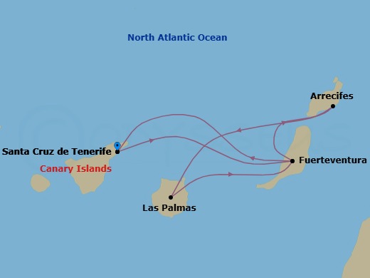 7 Night - Western Mediterranean from S. Cruz De Tenerife - Costa Smeralda - Starting in Santa Cruz de Tenerife, Port Rosario (Fuerteventura), Arrecife (Lanzarote), Las Palmas (Gran Canaria), Port Rosario (Fuerteventura), Santa Cruz de Tenerife itinerary map
