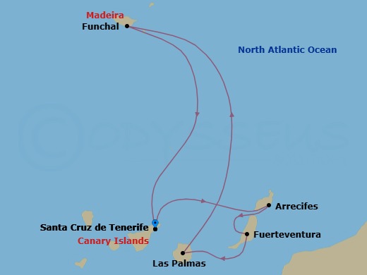 7 Night - Western Mediterranean from S. Cruz De Tenerife - Costa Smeralda - Starting in Santa Cruz de Tenerife, Arrecife (Lanzarote), Port Rosario (Fuerteventura), Las Palmas (Gran Canaria), Funchal (Madeira), Santa Cruz de Tenerife itinerary map