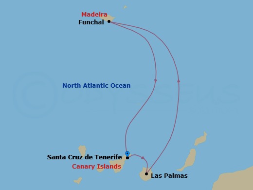 7 Night - Western Mediterranean from S. Cruz De Tenerife - Costa Smeralda - Starting in Santa Cruz de Tenerife, Las Palmas (Gran Canaria), Funchal (Madeira), Santa Cruz de Tenerife itinerary map