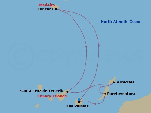 7 Night - Western Mediterranean from Las Palmas - Costa Smeralda - Starting in Las Palmas (Gran Canaria), Funchal (Madeira), Santa Cruz de Tenerife, Arrecife (Lanzarote), Port Rosario (Fuerteventura), Las Palmas (Gran Canaria) itinerary map