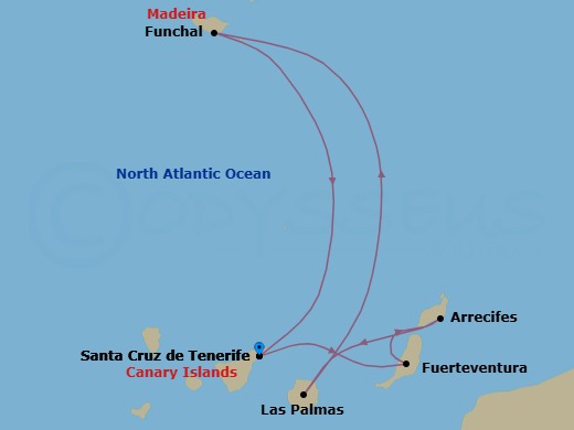 7 Night - Western Mediterranean from S. Cruz De Tenerife - Costa Smeralda - Starting in Santa Cruz de Tenerife, Port Rosario (Fuerteventura), Arrecife (Lanzarote), Las Palmas (Gran Canaria), Funchal (Madeira), Santa Cruz de Tenerife itinerary map