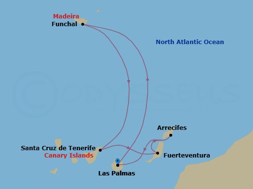7 Night - Western Mediterranean from Las Palmas - Costa Smeralda - Starting in Las Palmas (Gran Canaria), Funchal (Madeira), Santa Cruz de Tenerife, Port Rosario (Fuerteventura), Arrecife (Lanzarote), Las Palmas (Gran Canaria) itinerary map