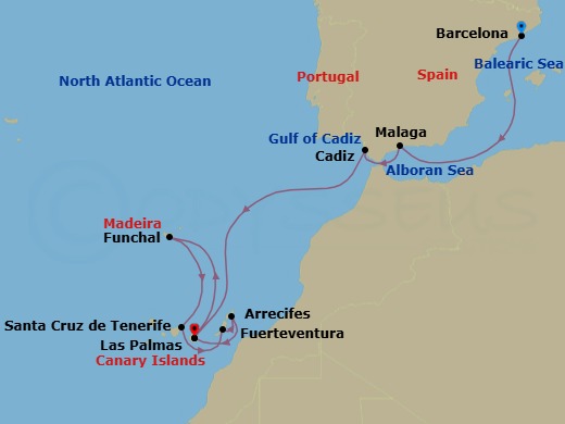 12 Night - Cruise from Barcelona to Las Palmas - Costa Smeralda - Starting in Barcelona, Malaga, Cadiz, Las Palmas (Gran Canaria), Funchal (Madeira), Santa Cruz de Tenerife, Port Rosario (Fuerteventura), Arrecife (Lanzarote), Las Palmas (Gran Canaria) itinerary map