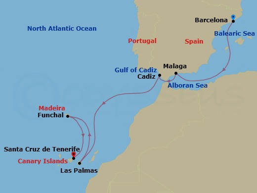 8 Night - Western Mediterranean from Barcelona to Santa Cruz de Tenerife - Costa Smeralda - Starting in Barcelona, Malaga, Cadiz, Las Palmas (Gran Canaria), Funchal (Madeira), Santa Cruz de Tenerife itinerary map