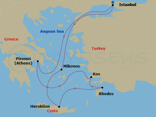 7 Night - Eastern Mediterranean Roundtrip from Istanbul - Costa Pacifica - Starting in Istanbul, Mykonos, Heraklion (Crete), Rhodes, Kos, Athens (Piraeus), Istanbul itinerary map