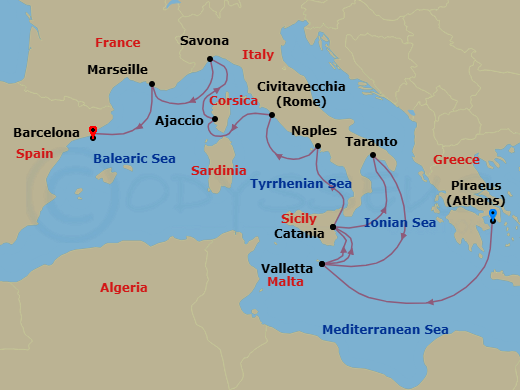 13 Night - Western Mediterranean from Athens (Pireo) - Costa Serena - Starting in Athens (Piraeus), Malta / La Valletta, Catania, Taranto, Malta / La Valletta, Catania, Napoli, Civitavecchia (Rome), Ajaccio (Corsica), Savona, Marseille, Barcelona itinerary map