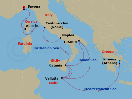 11 Night - Western Mediterranean from Athens (Pireo) - Costa Serena - Starting in Athens (Piraeus), Malta / La Valletta, Catania, Taranto, Malta / La Valletta, Catania, Napoli, Civitavecchia (Rome), Ajaccio (Corsica), Savona itinerary map