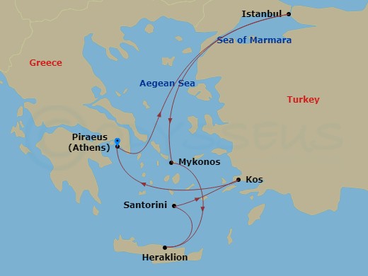 7 Night - Eastern Mediterranean from Athens (Pireo) - Costa Pacifica - Starting in Athens (Piraeus), Istanbul, Mykonos, Heraklion (Crete), Thira (Santorini), Kos, Athens (Piraeus) itinerary map