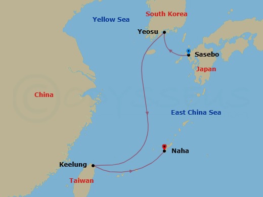 4 Night - Asia and Asia Pacific from Sasebo to Naha - Costa Serena - Starting in Sasebo, Yeosu, Keelung (Taipei), Okinawa (Naha) itinerary map