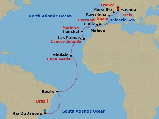 19 Night - Europe from Rio De Janeiro to Savona - Costa Serena - Starting in Rio De Janeiro, Recife, Mindelo (Sao Vicente), Las Palmas (Gran Canaria), Funchal (Madeira), Cadiz, Malaga, Barcelona, Marseille, Savona itinerary map
