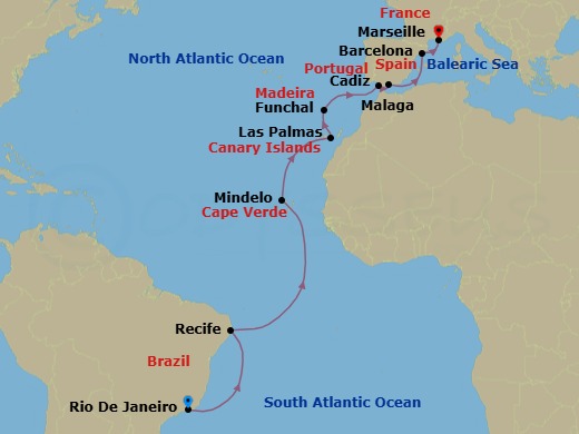 18 Night - Europe from Rio De Janeiro to Marseille - Costa Serena - Starting in Rio De Janeiro, Recife, Mindelo (Sao Vicente), Las Palmas (Gran Canaria), Funchal (Madeira), Cadiz, Malaga, Barcelona, Marseille itinerary map