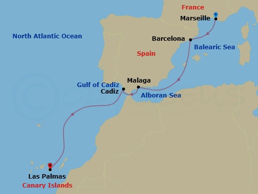 6 Night - Western Mediterranean from Marseille to Santa Cruz de Tenerife - Costa Smeralda - Starting in Marseille, Barcelona, Malaga, Cadiz, Las Palmas (Gran Canaria) itinerary map