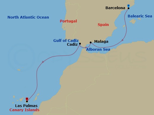 5 Night - Western Mediterranean from Barcelona to Santa Cruz de Tenerife - Costa Smeralda - Starting in Barcelona, Malaga, Cadiz, Las Palmas (Gran Canaria) itinerary map