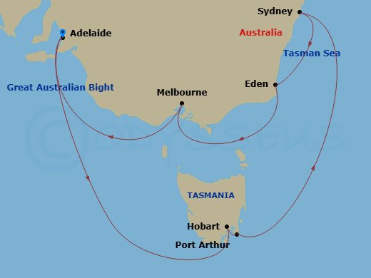 12 Night - Southern Australia Explorer - Grand Princess - Starting in Adelaide, Australia, Great Oyster Bay and Freycinet Peninsula (Scenic Cruising), Hobart, Australia, Port Arthur, Australia, Sydney AU, Eden, Australia, Melbourne, Australia, Adelaide, Australia itinerary map