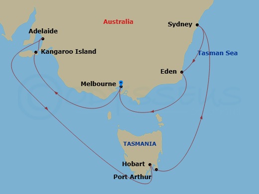 13 Night - Southern Australia Explorer - Grand Princess - Starting in Melbourne, Australia, Kangaroo Island, Australia, Adelaide, Australia, Great Oyster Bay and Freycinet Peninsula (Scenic Cruising), Hobart, Australia, Port Arthur, Australia, Sydney AU, Eden, Australia, Melbourne, Australia itinerary map