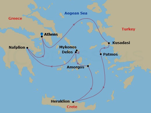 7 Night - Cruising the Greek Islands of the Southern Aegean - with Smithsonian Journeys - Le Dumont-d'Urville - Starting in Athens, Kusadasi, Patmos, Heraklion, Crete, Amorgos, Delos, Mykonos, Nafplion, Athens itinerary map
