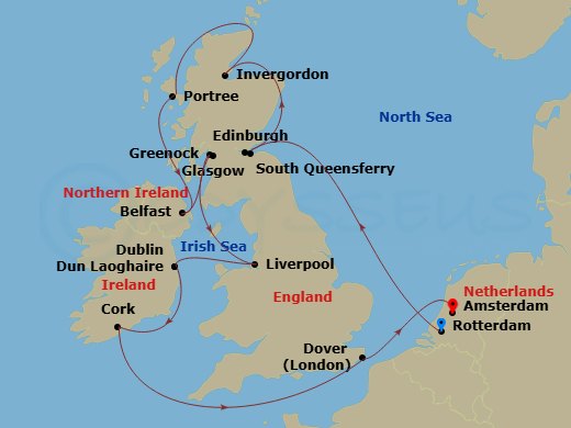 14 Night - Wild British Isles : United Kingdom & Ireland - Nieuw Statendam - Starting in Rotterdam, the Netherlands, South Queensferry (Edinburgh), Scotland, United Kingdom, Invergordon (Inverness), Scotland, United Kingdom, Portree (Isle of Skye), Scotland, United Kingdom, Belfast, Northern Ireland, United Kingdom, Greenock (Glasgow), Scotland, United Kingdom, Liverpool, England, United Kingdom, Dun Laoghaire (Dublin), Ireland, Cobh (Cork), Ireland, Dover UK (London), England, Amsterdam, the Netherlands itinerary map