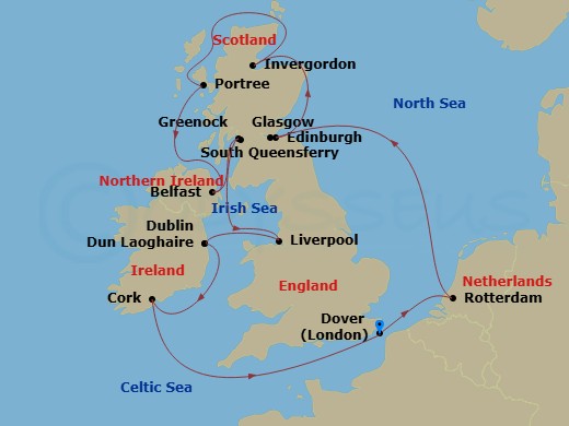 14 Night - Wild British Isles : United Kingdom & Ireland - Nieuw Statendam - Starting in Dover UK (London), England, Rotterdam, the Netherlands, South Queensferry (Edinburgh), Scotland, United Kingdom, Invergordon (Inverness), Scotland, United Kingdom, Portree (Isle of Skye), Scotland, United Kingdom, Belfast, Northern Ireland, United Kingdom, Greenock (Glasgow), Scotland, United Kingdom, Liverpool, England, United Kingdom, Dun Laoghaire (Dublin), Ireland, Cobh (Cork), Ireland, Dover UK (London), England itinerary map