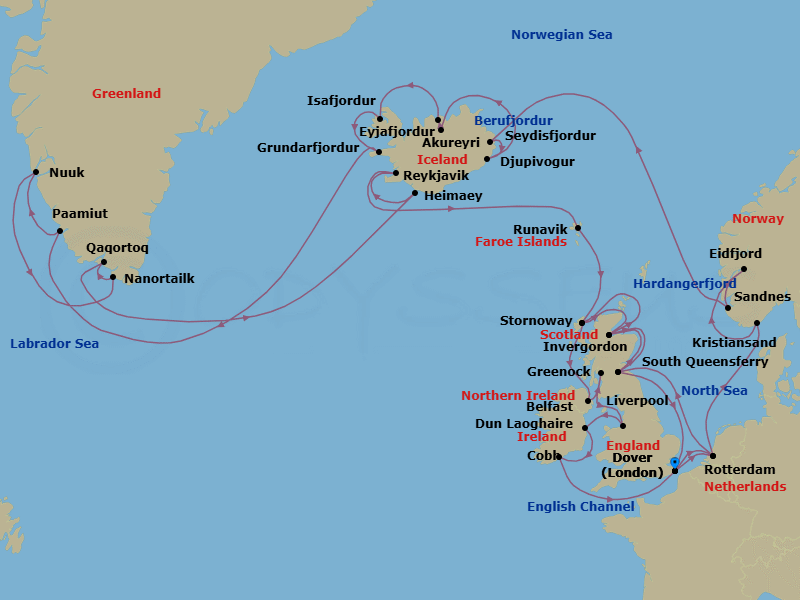 42 Night - Solar Eclipse Collectors' Voyage : Northern Europe - Nieuw Statendam - Starting in Dover UK (London), England, Rotterdam, the Netherlands, South Queensferry (Edinburgh), Scotland, United Kingdom, Invergordon (Inverness), Scotland, United Kingdom, Stornoway, Isle of Lewis, Scotland, United Kingdom, Belfast, Northern Ireland, United Kingdom, Greenock (Glasgow), Scotland, United Kingdom, Liverpool, England, United Kingdom, Dun Laoghaire (Dublin), Ireland, Cobh (Cork), Ireland, Dover UK (London), England, Rotterdam, the Netherlands, Kristiansand, Norway, Eidfjord, Norway, Scenic cruising Hardangerfjord, Sandnes (Stavanger), Norway, Seydisfjordur, Iceland, Scenic cruising Seydisfjordur, Djupivogur, Iceland, Scenic cruising Berufjordur, Akureyri, Iceland, Scenic cruising Eyjafjordur, Isafjordur, Iceland, Scenic Cruising Isafjardurdjur, Grundarfjordur, Iceland, Paamiut (Frederikshab), Greenland, Nuuk (Godthab), Greenland, Nanortalik, Greenland, Qaqortoq, Greenland, Heimaey, Westman Islands, Iceland, Reykjavik, Iceland, Runavik, Faroe Islands, Stornoway, Isle of Lewis, Scotland, United Kingdom, Invergordon (Inverness), Scotland, United Kingdom, South Queensferry (Edinburgh), Scotland, United Kingdom, Dover UK (London), England itinerary map