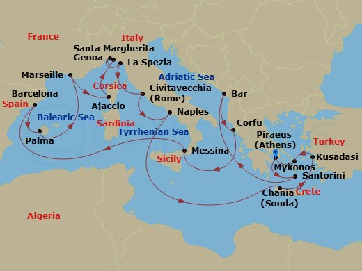 21 Night - The Best of the Mediterranean - Sun Princess - Starting in Athens (Piraeus), Greece, Santorini, Greece, Montenegro, Corfu, Greece, Sicily (Messina), Italy, Barcelona, Spain, Mallorca (Palma), Spain, Marseille (Provence), France, Corsica (Ajaccio), France, Santa Margherita, Italy, Genoa (for Cinque Terre), Italy, La Spezia (for Florence / Pisa), Italy, Civitavecchia (for Rome), Italy, Naples, Italy (for Capri and Pompeii), Crete (Chania), Greece, Kusadasi, Turkey (for Ephesus), Mykonos, Greece, Athens (Piraeus), Greece itinerary map