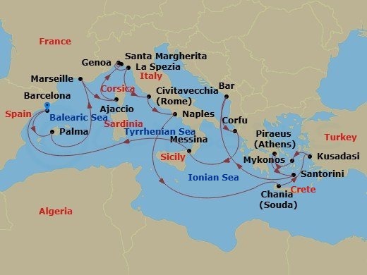 21 Night - The Best of the Mediterranean - Sun Princess - Starting in Barcelona, Spain, Mallorca (Palma), Spain, Marseille (Provence), France, Corsica (Ajaccio), France, Santa Margherita, Italy, Genoa (for Cinque Terre), Italy, La Spezia (for Florence / Pisa), Italy, Civitavecchia (for Rome), Italy, Naples, Italy (for Capri and Pompeii), Crete (Chania), Greece, Kusadasi, Turkey (for Ephesus), Mykonos, Greece, Athens (Piraeus), Greece, Santorini, Greece, Montenegro, Corfu, Greece, Sicily (Messina), Italy, Barcelona, Spain itinerary map