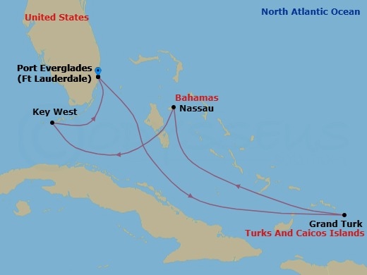 7 Night - Grand Turk, Bahamas & Key West - Celebrity Reflection - Starting in Fort Lauderdale, Florida, Grand Turk, Turks and Caicos, Nassau, Bahamas, Key West, Florida, Fort Lauderdale, Florida itinerary map