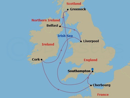 7 Night - Northern Europe - MSC Meraviglia - Starting in Southampton (London), United Kingdom, Cherbourg (Mont Saint-Michel), France, Cork, Ireland, Liverpool, United Kingdom, Belfast, United Kingdom, Greenock (Glasgow), United Kingdom, Southampton (London), United Kingdom itinerary map