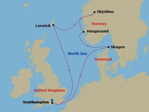 7 Night - Northern Europe - MSC Meraviglia - Starting in Southampton (London), United Kingdom, Lerwick (Shetland Islands), United Kingdom, Skjolden, Norway, Haugesund, Norway, Skagen, Denmark, Southampton (London), United Kingdom itinerary map