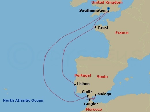 9 Night - Northern Europe - MSC Meraviglia - Starting in Southampton (London), United Kingdom, Brest, France, Lisbon (Cascais), Portugal, Tangier (Tetouan), Morocco, Malaga (Granada), Spain, Cadiz (Seville), Spain, Southampton (London), United Kingdom itinerary map