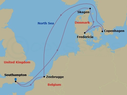 7 Night - Northern Europe - MSC Meraviglia - Starting in Southampton (London), United Kingdom, Skagen, Denmark, Fredericia, Denmark, Copenhagen, Denmark, Zeebrugge (Bruges), Belgium, Southampton (London), United Kingdom itinerary map